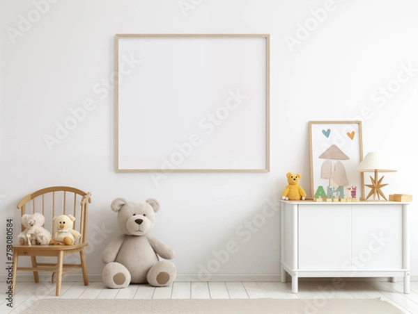 Fototapeta Mock-up of a painting on the wall of a children's room with a bedside table and stuffed animals