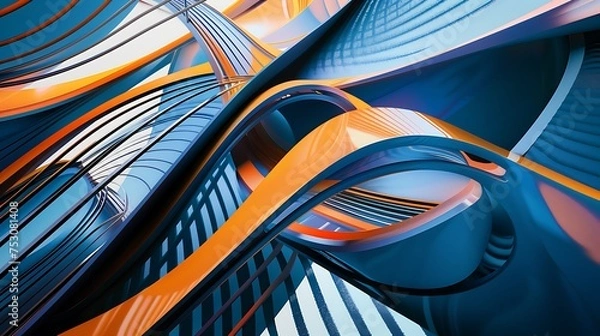 Fototapeta Dynamic blue shapes composition with orange lines