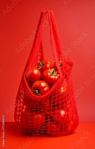 Fototapeta Eco-Friendly Shopping: Red Tomatoes in a Red Mesh Bag on a Red Background. Minimalistic Food concept