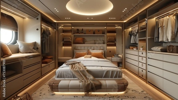 Fototapeta contemporary modern walk in closet, in the style of dark white and light beige, marble, modern minimalist realistic rendering, beige, precise craftsmanship 