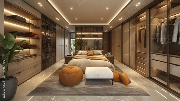 Fototapeta contemporary modern walk in closet, in the style of dark white and light beige, marble, modern minimalist realistic rendering, beige, precise craftsmanship 