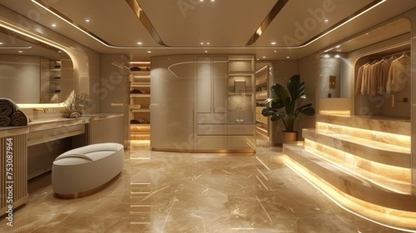 Fototapeta contemporary modern walk in closet, in the style of dark white and light beige, marble, modern minimalist realistic rendering, beige, precise craftsmanship