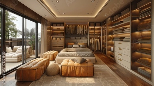 Fototapeta contemporary modern walk in closet, in the style of dark white and light beige, marble, modern minimalist realistic rendering, beige, precise craftsmanship 