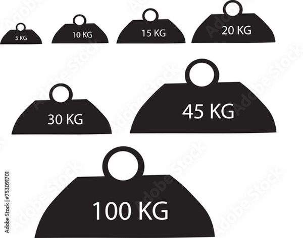 Fototapeta Weight of 5 kg, 10 kg, 15 kilo, 20 kilo, 30 kilo, 45 kilo and 100 kilograms vector icon set illustration