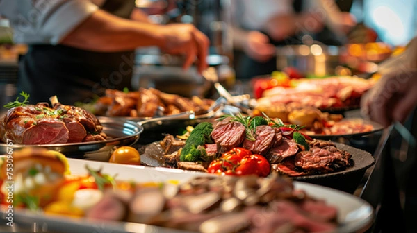 Fototapeta Gourmet catering buffet at a celebration, presenting an assortment of colorful, tasty meat and vegetable dishes for joyful gatherings.
