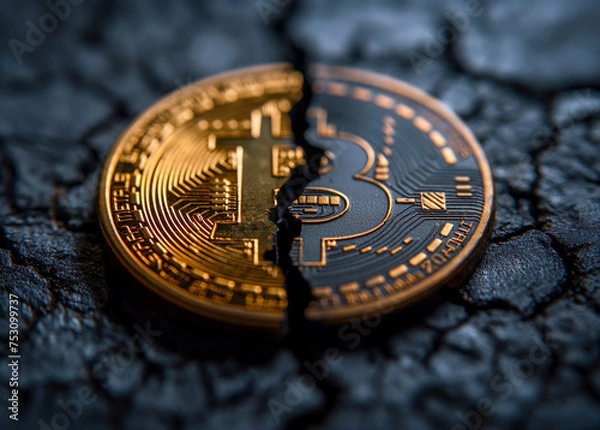 Fototapeta A process of Bitcoin halving. Cryptocurrency concept image