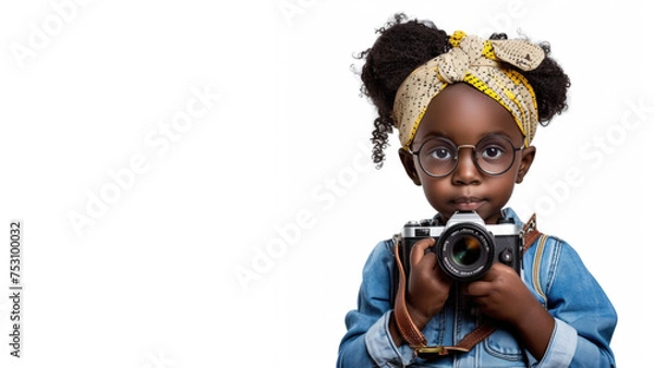 Obraz a studio portrait picture of little black girl dressed up as a Photographer isolated on white background