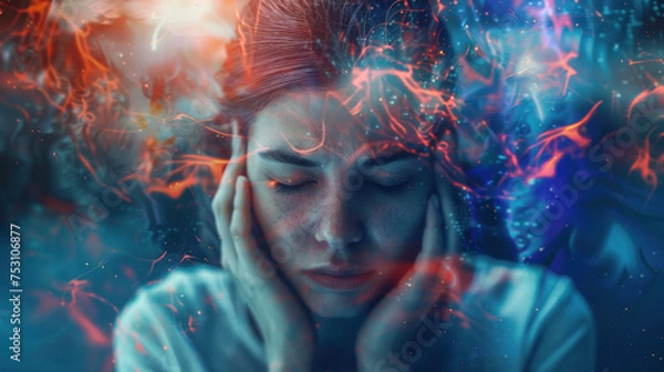 Obraz concept of caucasian woman with anxiety and depression holding her head in a blue futuristic neon background