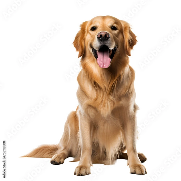 Fototapeta Golden retriever dog sitting happily, full body photo, Isolated on Transparent Background, PNG