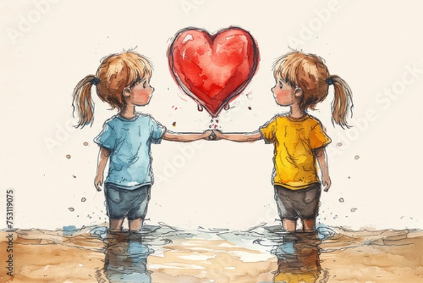 Fototapeta Save Water Save Environment - two children playing with heart
