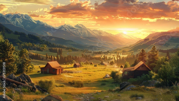 Fototapeta A breathtaking sunset bathes rustic cabins and rolling hills in a warm, golden light with majestic mountains in the distance..