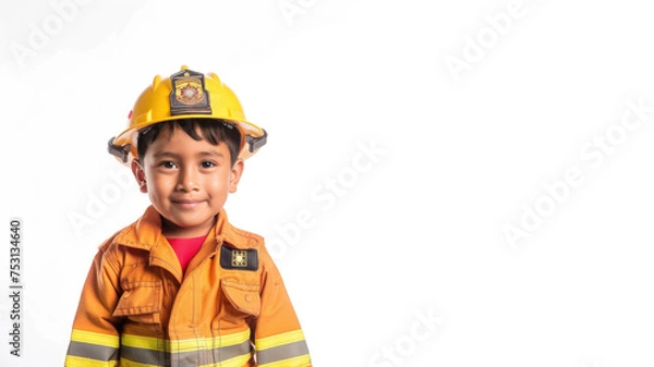 Obraz a studio portrait picture of little latin american boy dressed up as a firefighter fireman isolated on white background