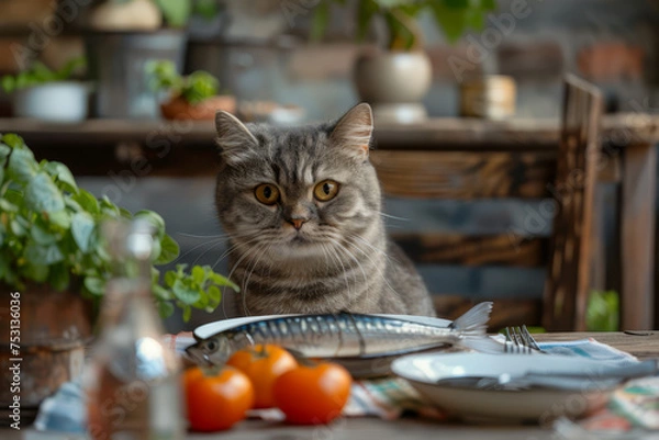 Fototapeta A fluffy Persian cat sits at a dinner table set with candles, wine, and a sumptuous meal, adding whimsy to the scene..