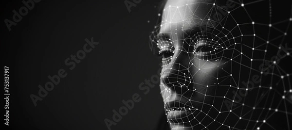 Fototapeta holographic 3d mesh of a persons face, representing biometrics, cyber security and facial recognition software, with copy space