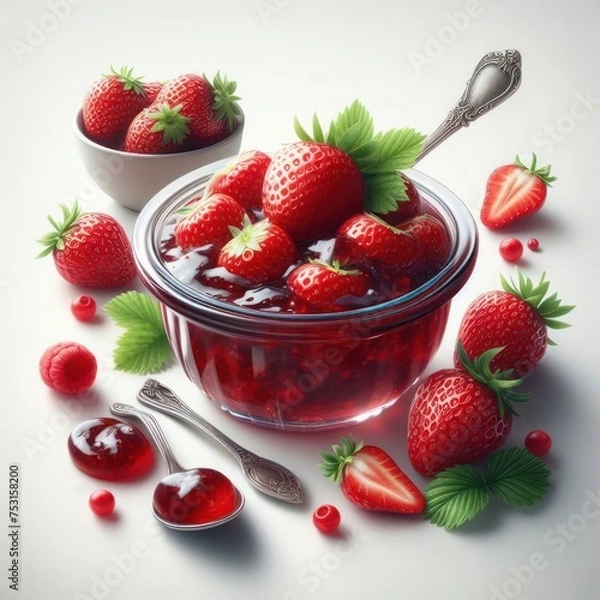 Fototapeta Strawberry jam in glass bowl on white background.