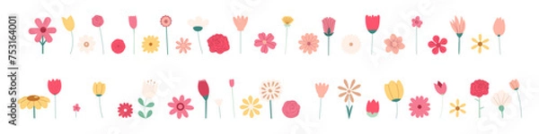 Fototapeta Set of different beautiful bouquets with garden and wild flowers vector flat illustration. Plants with stems and leaves isolated on white.
