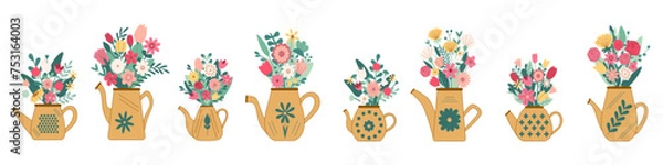 Fototapeta Set of different beautiful bouquets with garden and wild flowers  teapot vector flat illustration. Plants with stems and leaves isolated on white. 