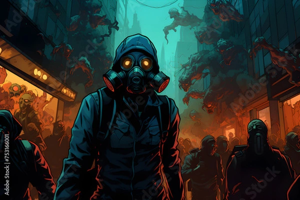 Fototapeta Alien Invasion on earth and world is polluted so much and people are wearing gas masks  