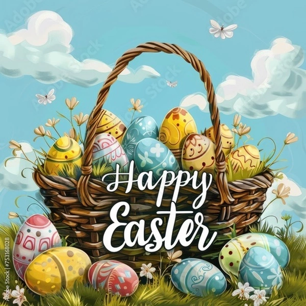 Fototapeta Easter egg Basket with Happy Easter written over it.