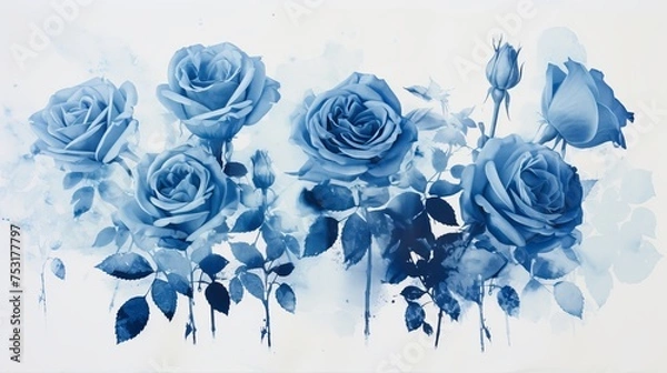 Fototapeta A cyanotype reproduction showcases a photograph featuring roses, adding a unique and timeless charm to the image.