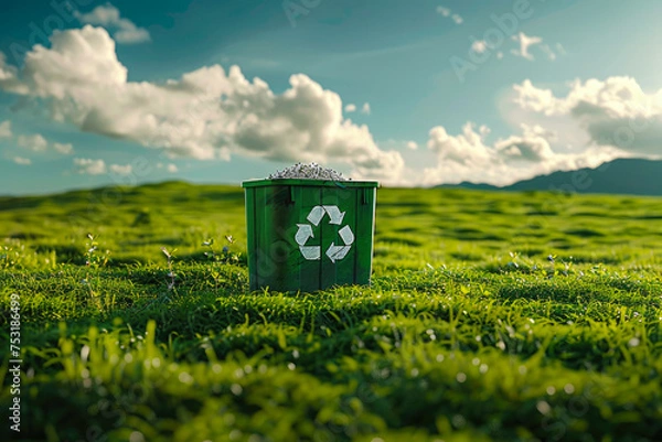 Obraz a green container stands in the grass with a recycling sign. a signal of caring and preserving the planet. environmental conservation.