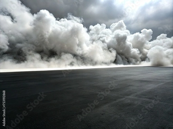 Fototapeta The plain black sand floor has white smoke clouds contrasting with the white generative ai