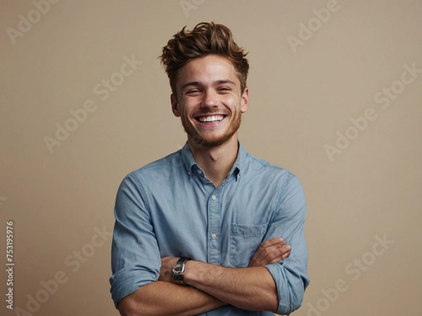 Fototapeta Funny smiling funny young man laughs at the camera, photo studio, Joy Unleashed, The Infectious Laughter of a Dashing Young Man, Beige background