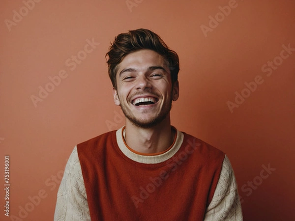 Fototapeta Funny smiling funny young man laughs at the camera, photo studio, Joy Unleashed, The Infectious Laughter of a Dashing Young Man, Maroon background