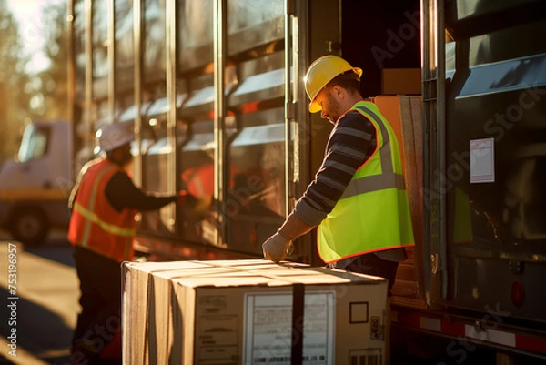 Fototapeta Logistics company loaders in a neon vest and hard hat load a truck with boxes. Transport cargo transportation