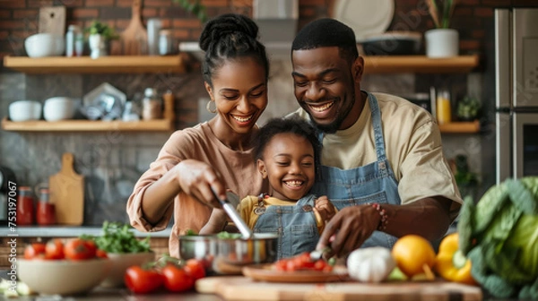 Fototapeta African American Family Cooking Together in Kitchen