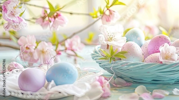 Fototapeta photography with spring blossom, colorful eggs in an Easter basket, and a soft pastel palette. Perfect for enticing images of Easter celebrations and culinary artistry