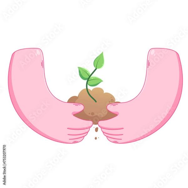 Obraz Color illustration in vector with hands holding a sprout with the ground. Plant icon with hands