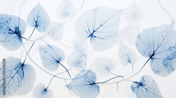 Fototapeta The sun-printing or cyanotype process produces a striking image of a skeleton leaf, showcasing intricate details in shades of blue.