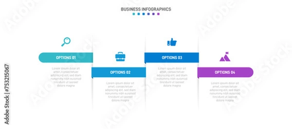 Fototapeta Timeline infographic with infochart. Modern presentation template with 4 spets for business process. Website template on white background for concept modern design. Horizontal layout.