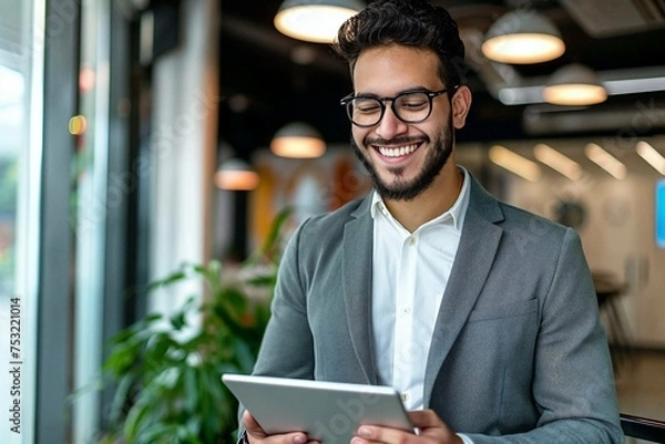 Obraz Happy young latin businessman using tablet in office setting