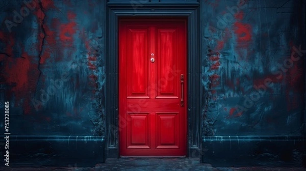 Fototapeta Red Door Against Blue Wall. Generative AI