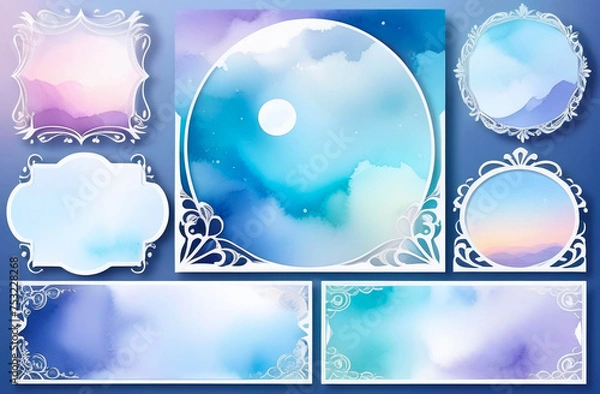 Obraz Blue purple watercolor background card cover. Set of abstract pastel pink watercolor circles design. Copy space for text