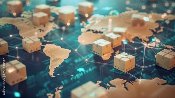 Obraz Globalna sieć dystrybucji: mapa świata z licznymi pudełkami. Generatywna sztuczna inteligencja