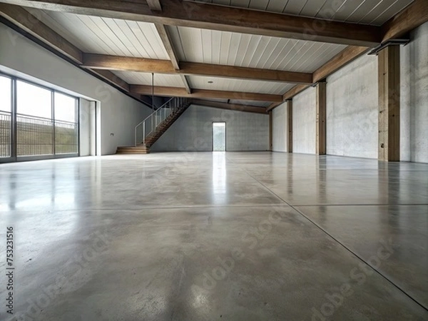 Fototapeta The simple cement floor contrasts with the loft architecture structure generative ai