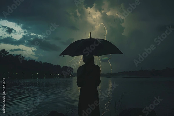Fototapeta A silhouette of a person holding an umbrella under a lightning storm
