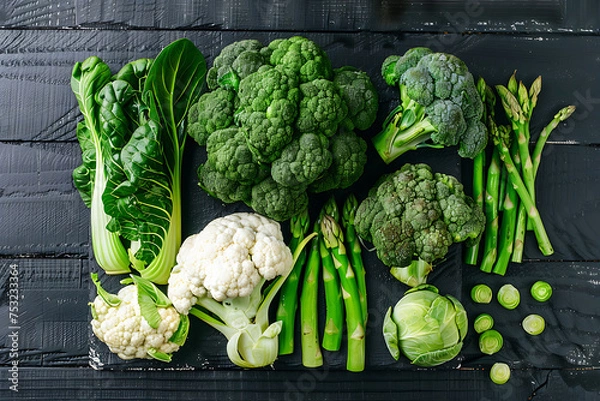 Fototapeta broccoli, cauliflower , Brussels sprouts, asparagus on a black wooden table, flat lay