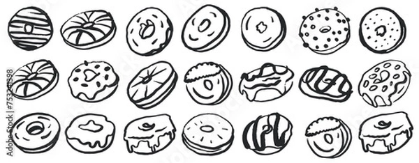 Fototapeta Hand drawn donut set on white background. Collection of cute donuts in doodle style. Outlined. Fat Thursday.