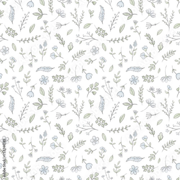 Obraz Seamless pattern with varied simple small flowers, plants and leaves isolated on white background. Watercolor hand drawn illustration