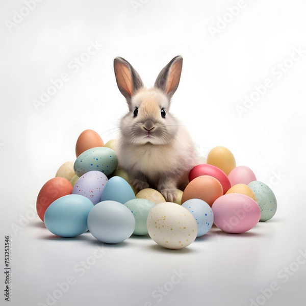 Fototapeta A cute brown rabbit surrounded by colorful Easter eggs. Minimal holiday concept. White background.  