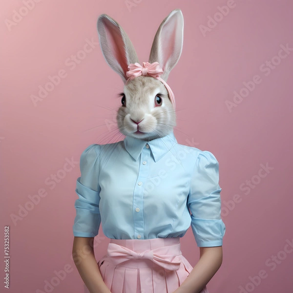 Fototapeta Portrait of a rabbit girl in a wardrobe of pastel colors. Funny minimal Easter concept. Pink background