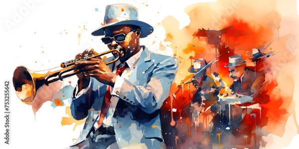 Fototapeta Abstract illustration background  with jazz instruments and Afroamerican musician