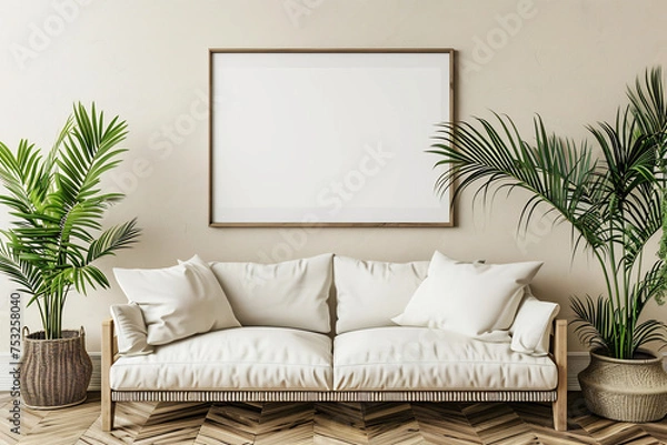 Obraz Stylish living room interior with white sofa and blank white canvas on the wall