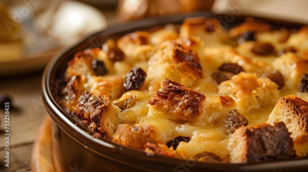 Fototapeta Homemade bread pudding in ceramic dish