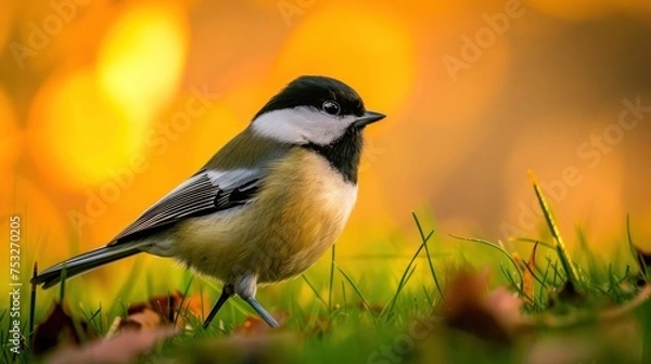 Obraz a small bird standing on top of a lush green grass covered field next to a field of grass and flowers.