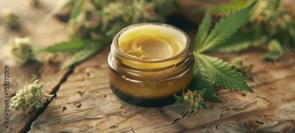 Fototapeta Moisturizing cream in jar with hemp leaves on wooden background. Cosmetic cream for skin care from hemp. Natural cosmetics